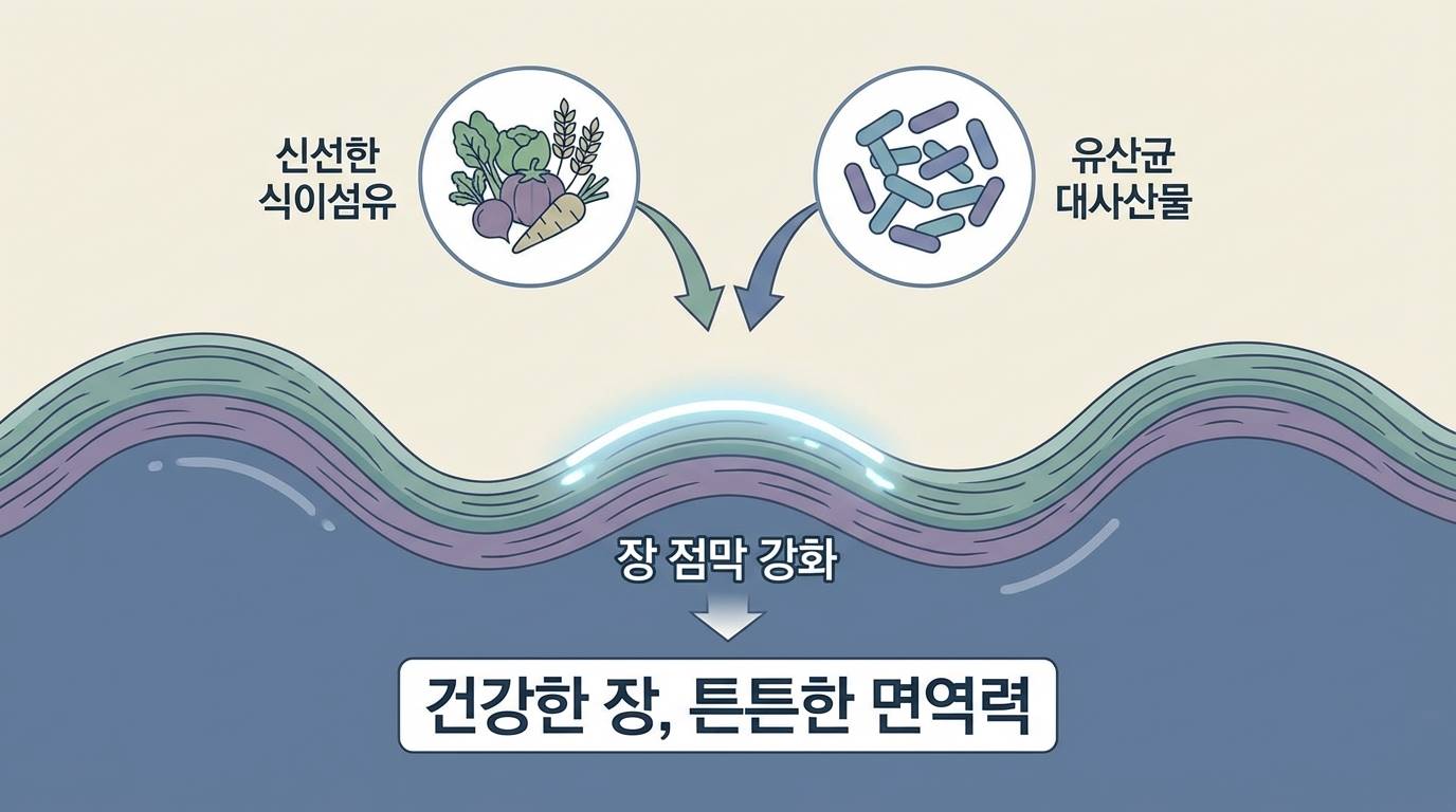 신선한 식이섬유와 유산균 대사산물이 결합하여 장 점막을 강화하는 과정을 묘사한 세련된 인포그래픽