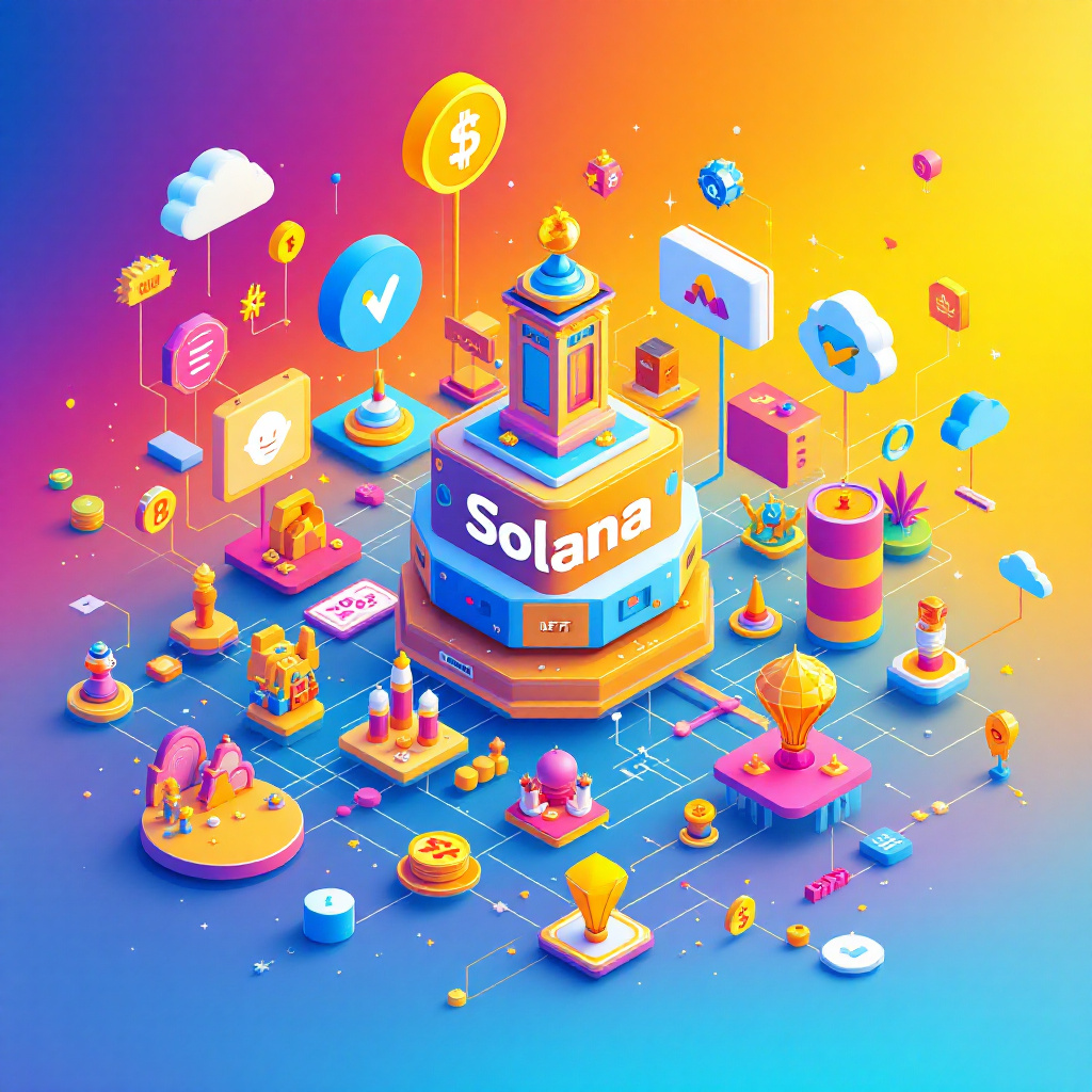 솔라나 블록체인 생태계와 NFT 프로젝트를 밝고 입체적으로 표현한 일러스트