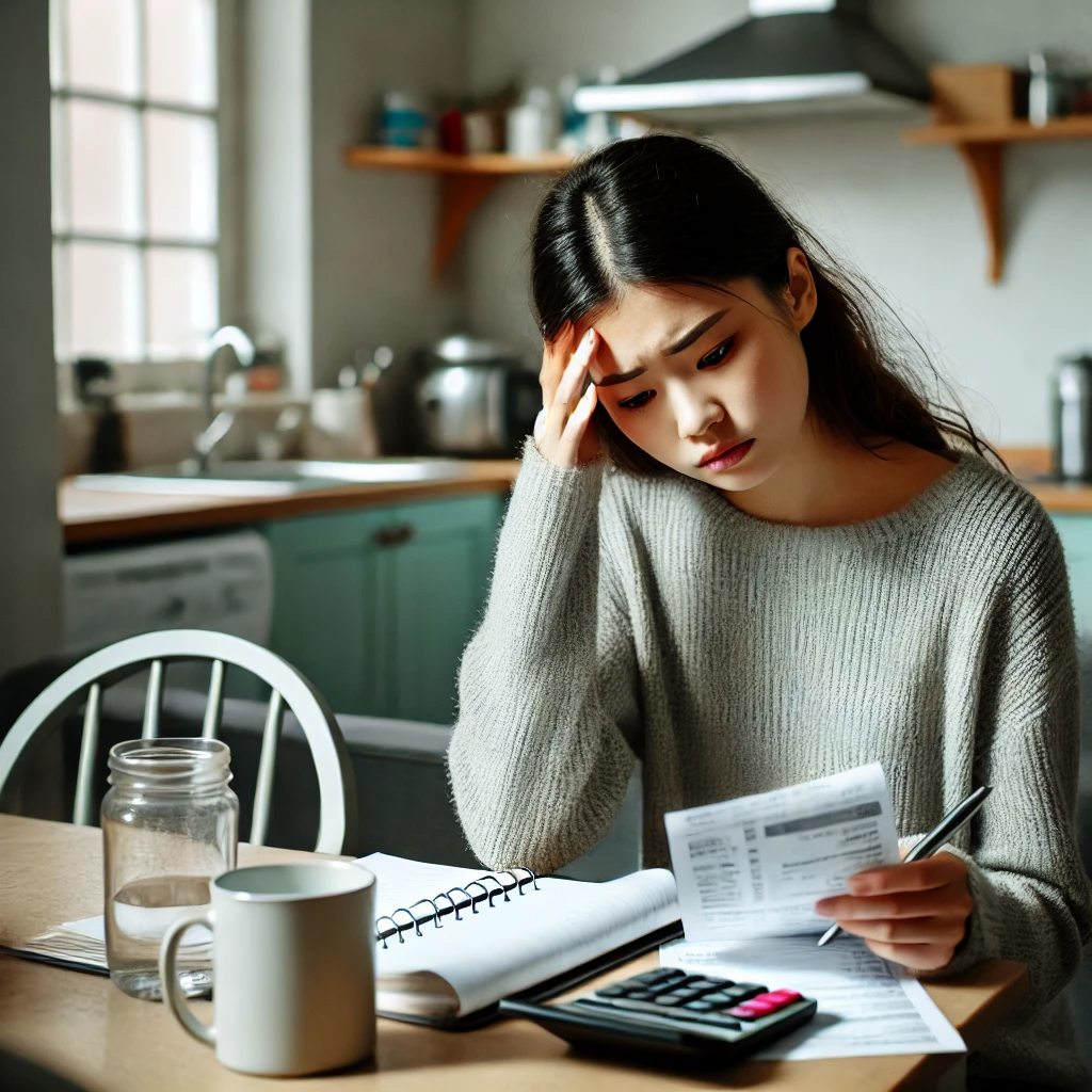 작은 식탁에서 월세 계산서를 검토하는 여성