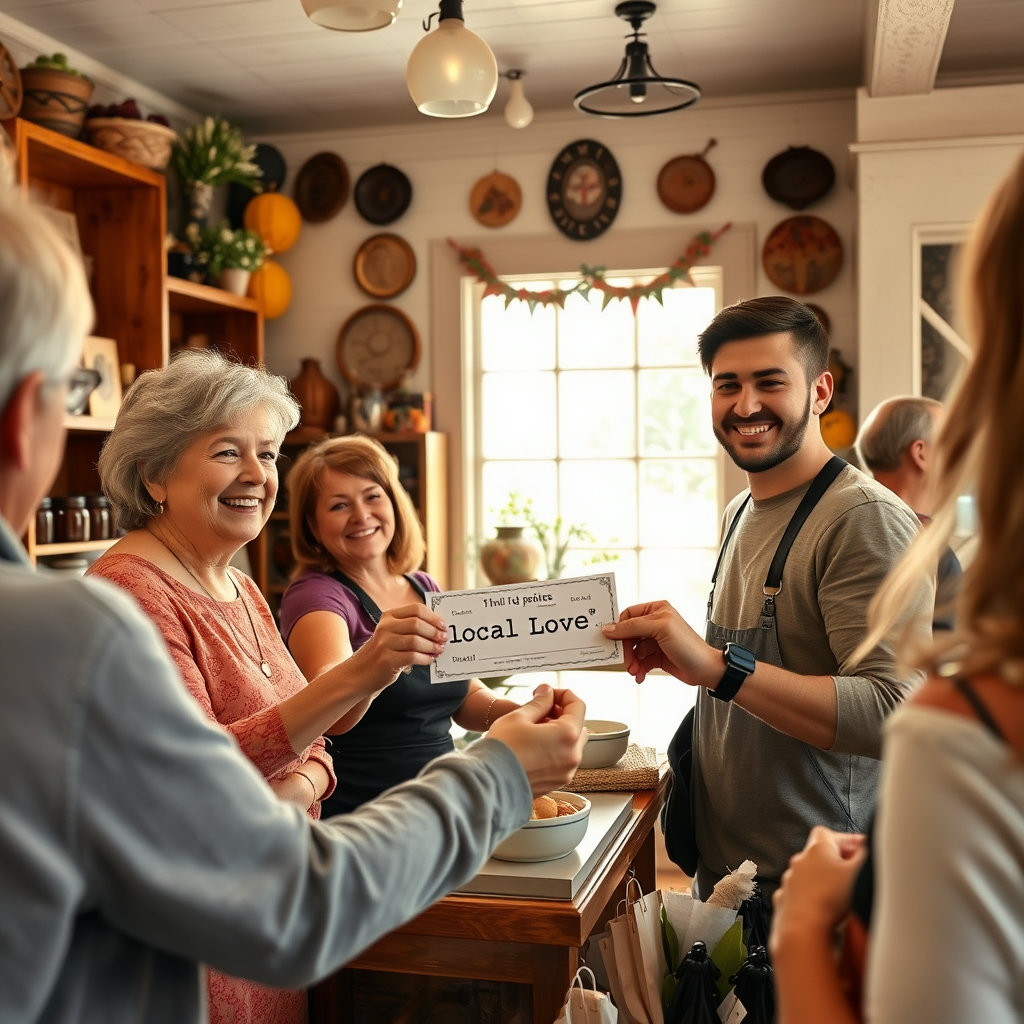 동네 작은 상점에서 지역사랑상품권 결제가 이루어지고, 상인들이 환한 미소를 짓는 모습을 포착해주세요. 상생의 의미를 담는 것이 중요합니다.