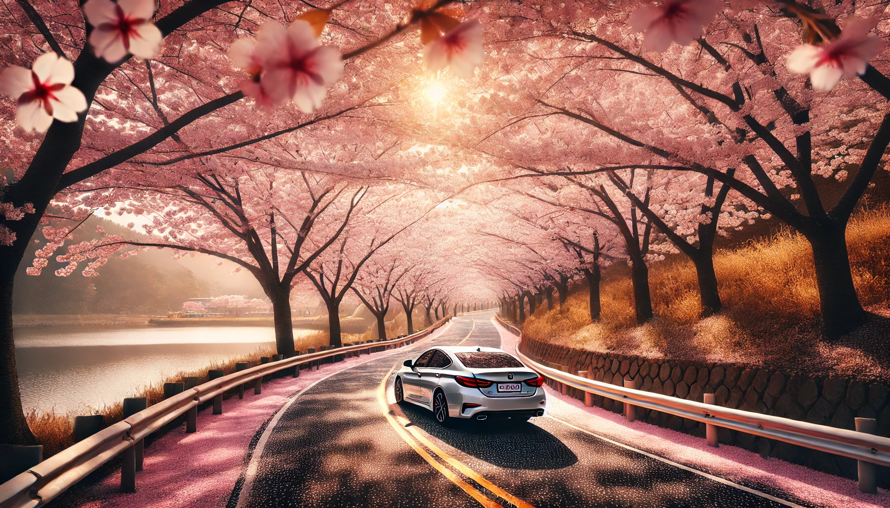 대청호를 따라 굽이진 벚꽃 드라이브 코스&amp;#44; 호수와 산을 배경으로 벚꽃 터널을 지나는 자동차 풍경 