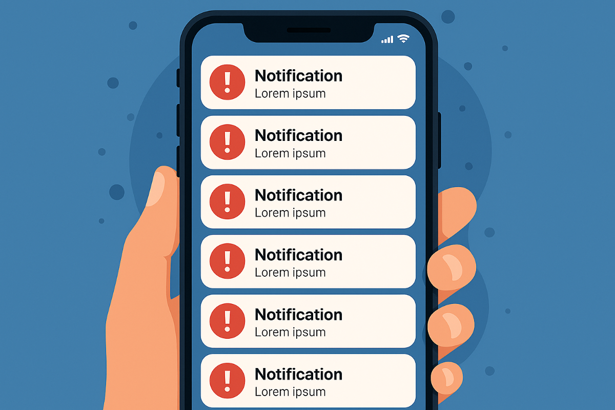 스마트폰 화면에 알림이 빽빽하게 쌓인 모습의 일러스트. 스마트폰 중독과 디지털 피로를 상징적으로 표현한 이미지