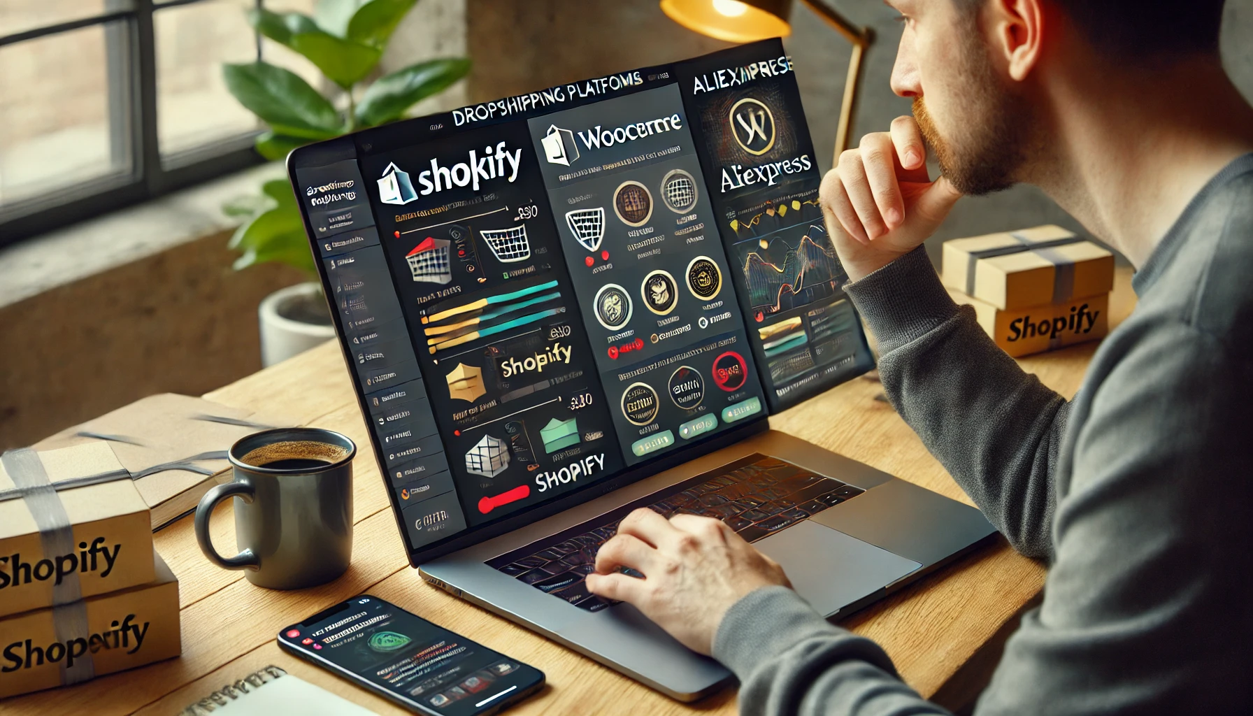 창업자가 노트북에서 Shopify, WooCommerce, AliExpress의 드랍쉬핑 플랫폼을 비교 분석하는 모습. 스마트폰에는 주문 알림이 표시되어 있으며, 깔끔한 작업 공간이 온라인 사업 운영의 전문성을 강조.