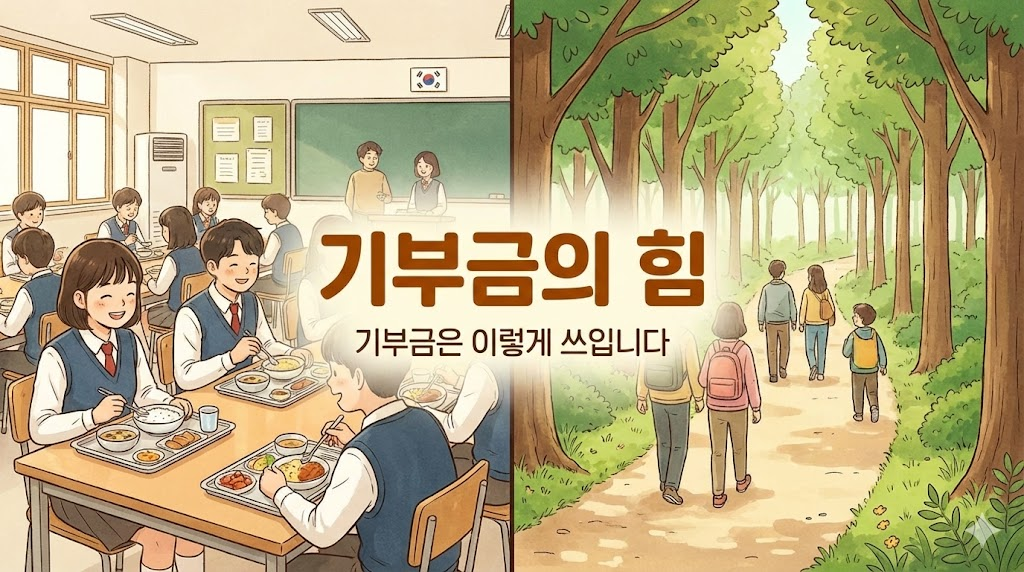 기부금으로 청소년 아침 식사와 숲 조성을 지원하는 모습을 표현한 따뜻한 일러스트