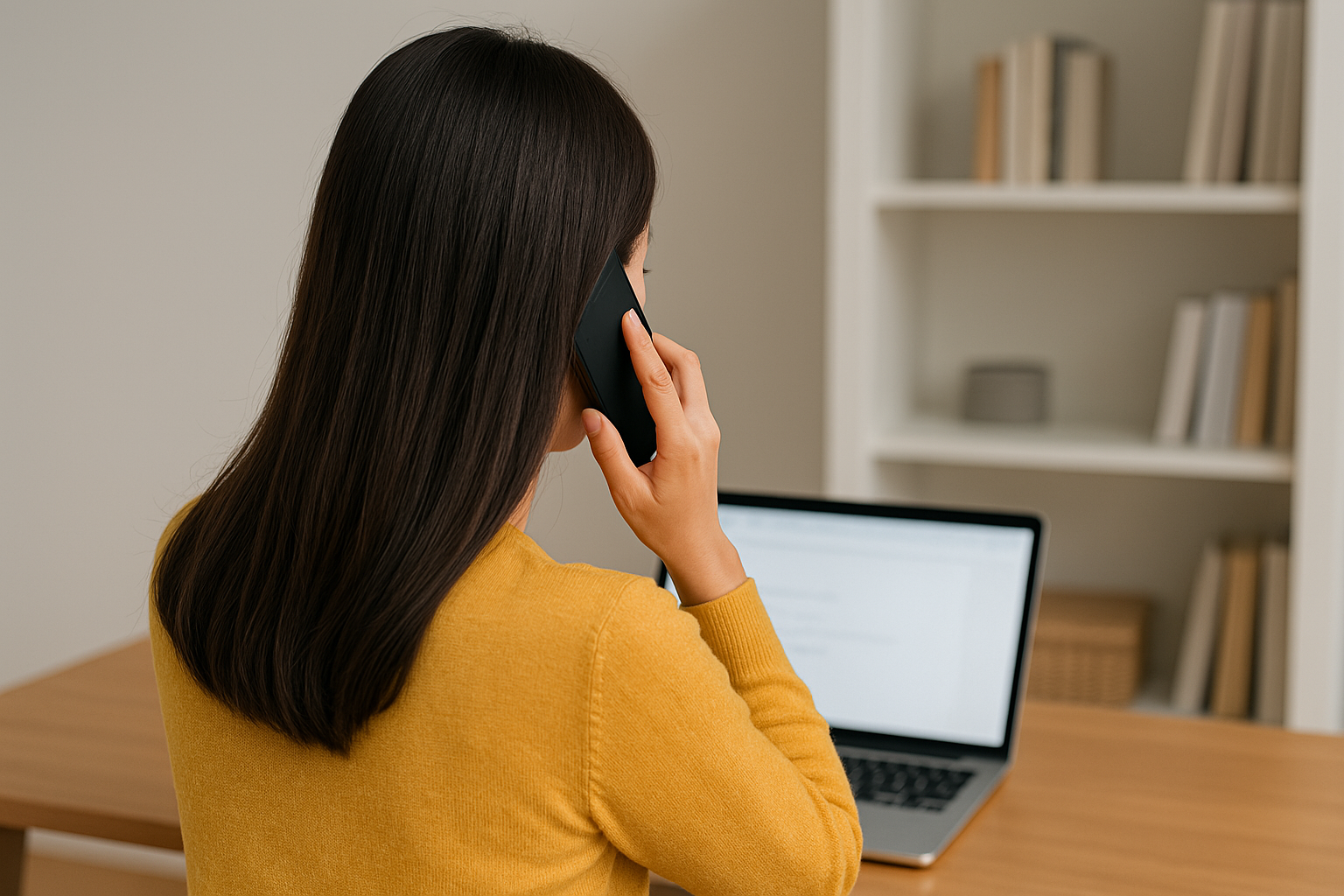 전체 계약 갱신 청구권과 중도 퇴거에 따른 위약금 문제를 스스로 해결할 방법을 찾아내며 노트북 앞에서 결심하는 여성의 뒷모습을 담은 이미지