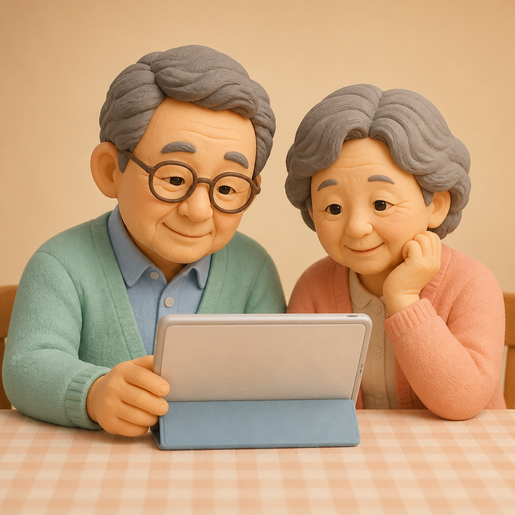 저녁 식탁에서 노부부가 태블릿으로 함께 영상을 보는 모습