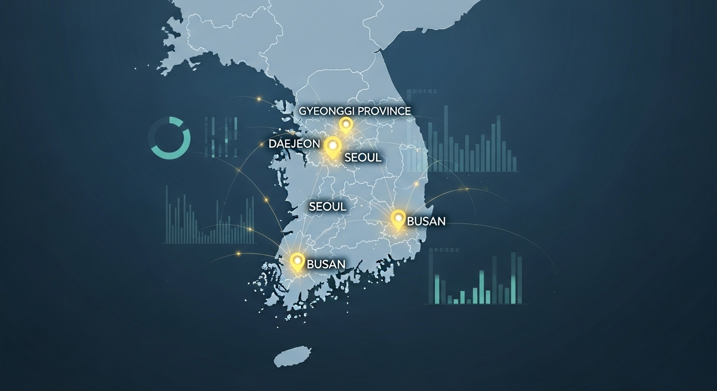 서울, 경기, 대전, 부산, 대구 등 투자 유망 지역이 강조된 한국 지도 이미지.