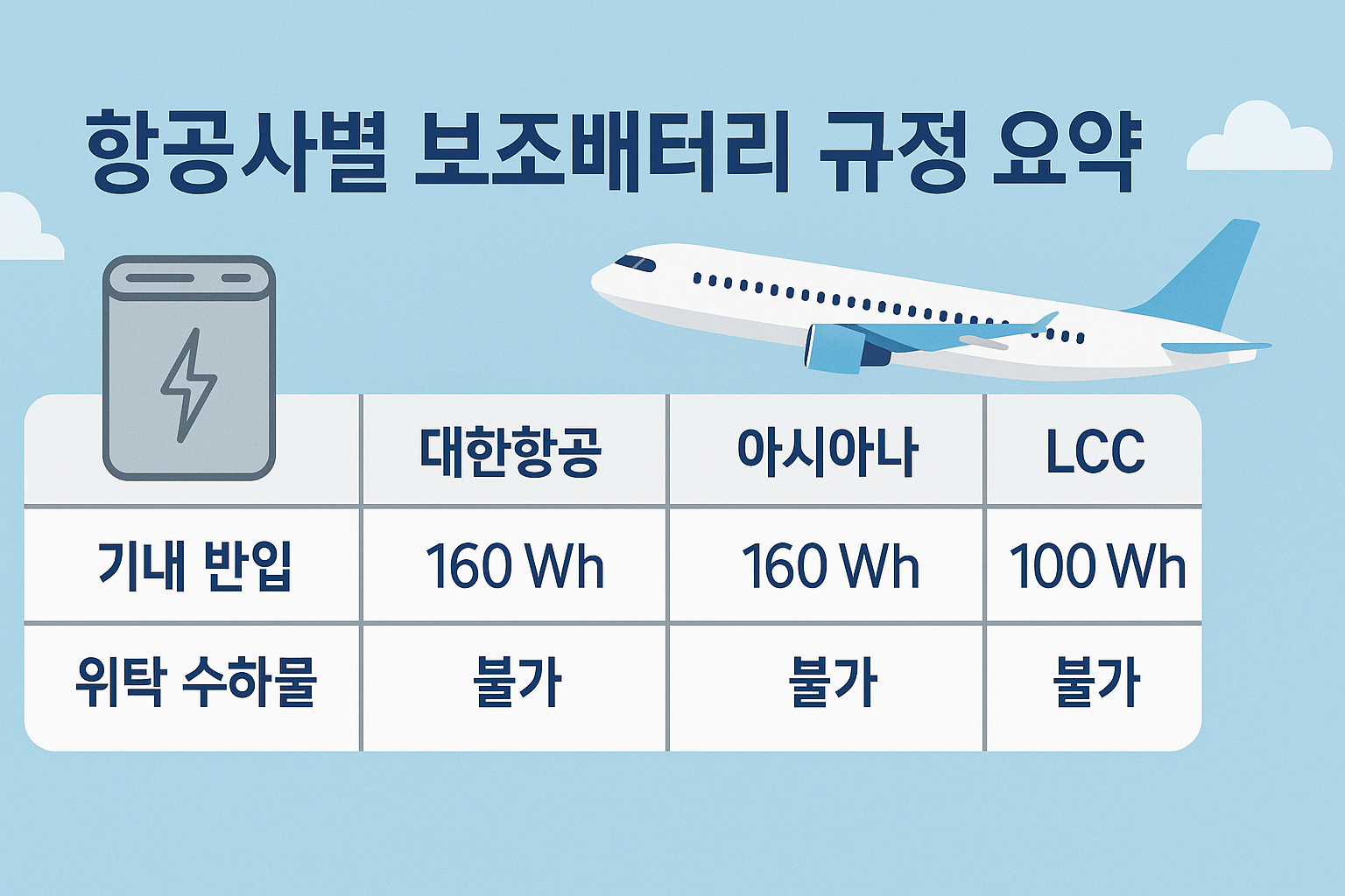 항공사별 보조배터리 규정 요약: 100/160Wh, 기내 반입·수화물 금지 핵심 정리