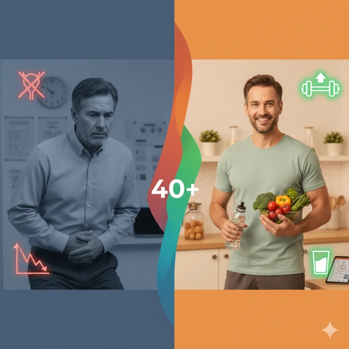 전립선 문제로 고민하는 듯한 40대 남성의 모습과, 건강 관리를 통해 활기찬 40대 남성의 모습을 대비시킨 이미지.