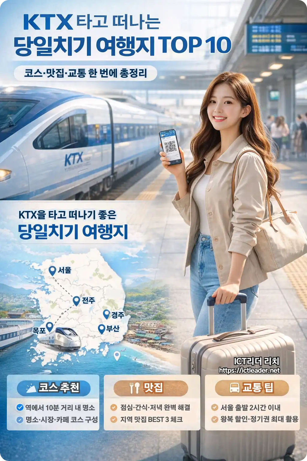 서울 출발 KTX 당일치기 여행지를 소개하는 여성 중심 실사형 인포그래픽