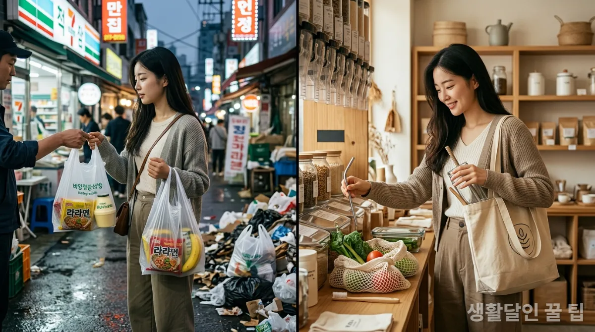 일회용품 줄이기에 대한 흔한 오해와 진실을 보여주는 대비되는 두 장면