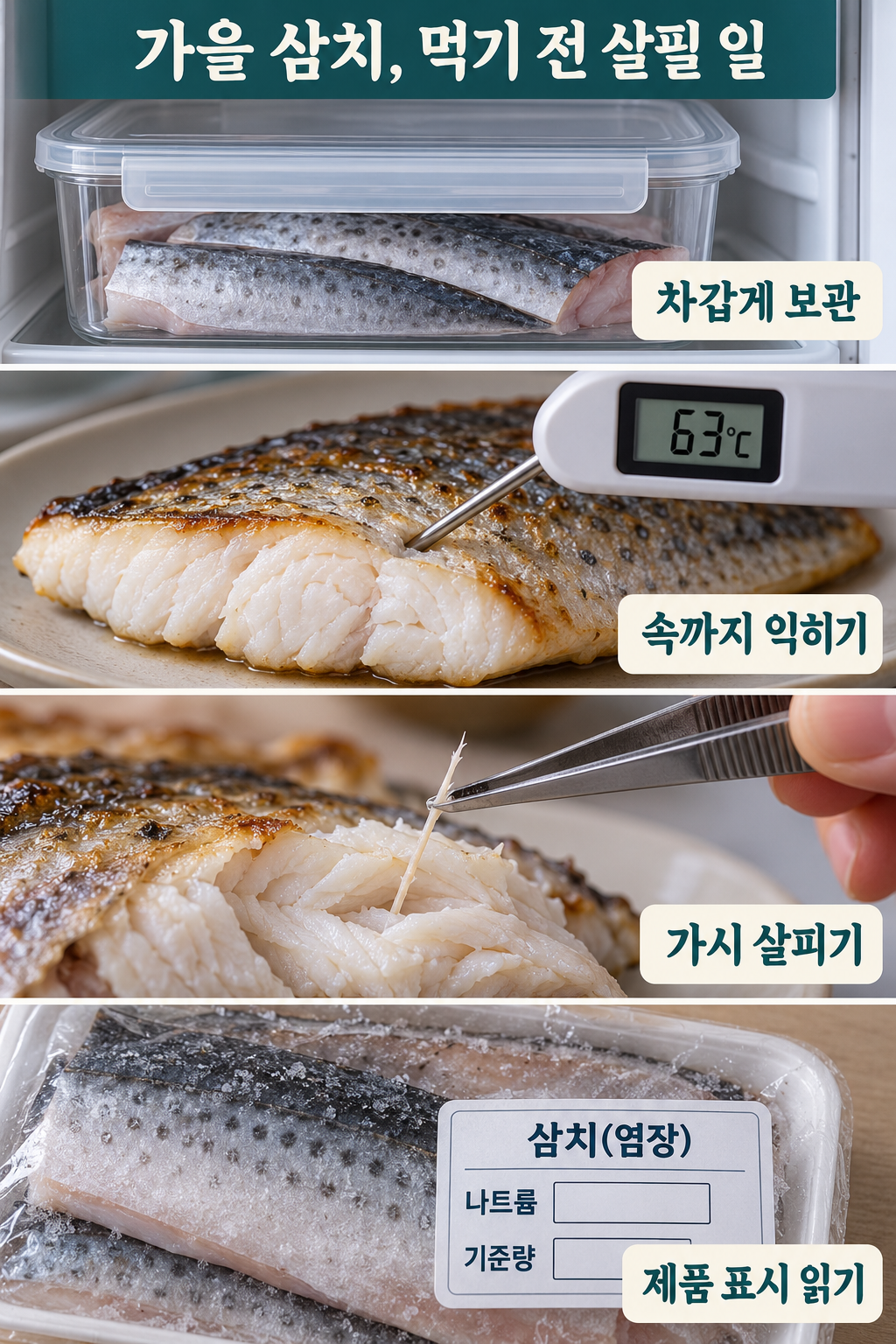 밀폐 냉장·중심 익힘 확인·가시 살피기·제품 표시 읽기의 네 장면.