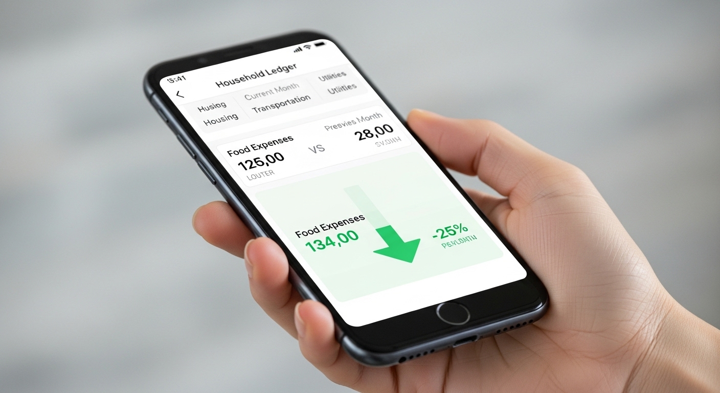 스마트폰으로 가계부 앱의 식비 절약 내역을 확인하는 한국인의 손. 전월 대비 크게 줄어든 식비 지출 내역이 숫자로 표시되어 있습니다.