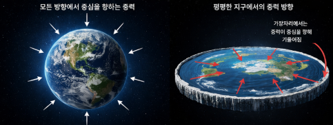 중력이 지구 중심에서 끌어당김