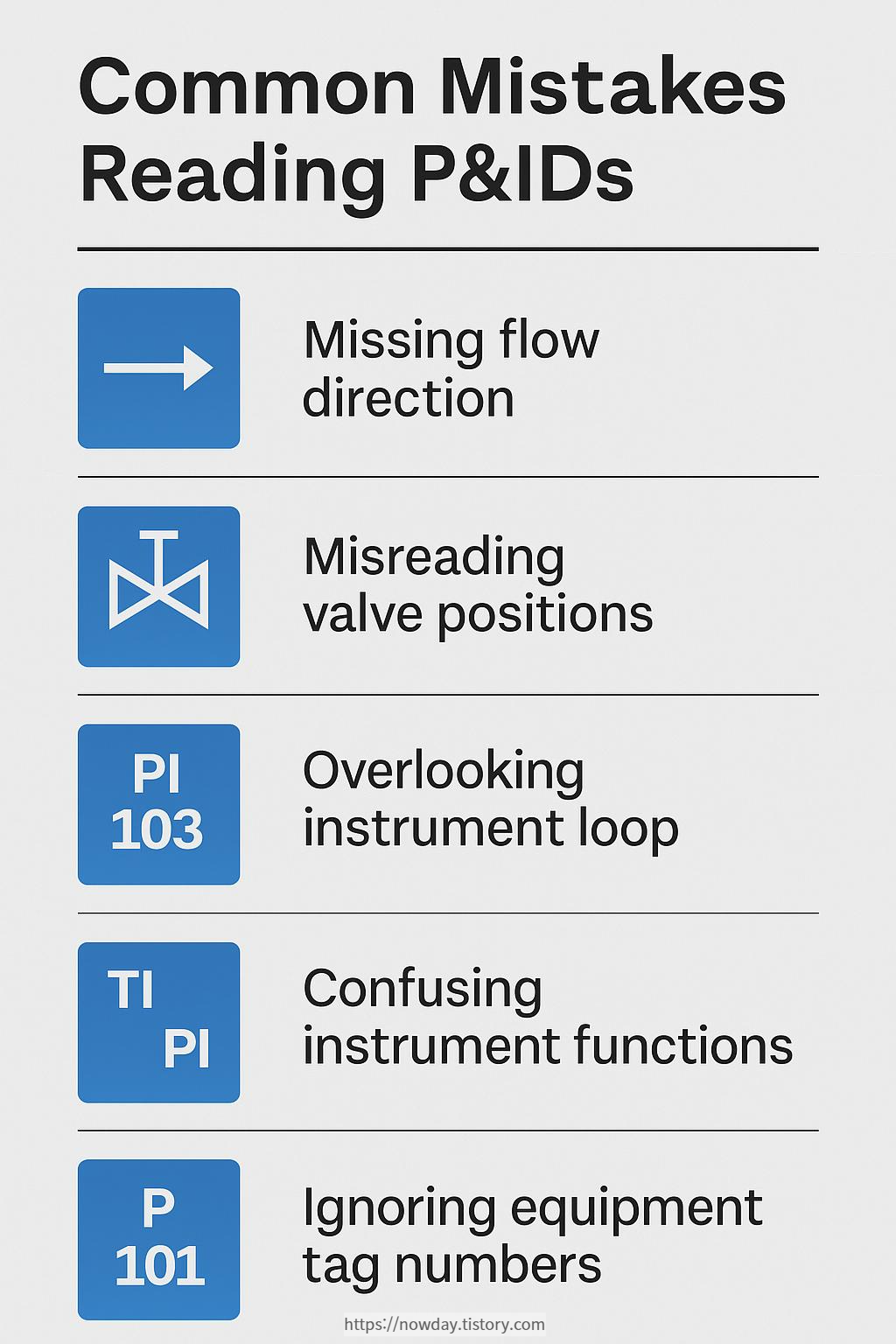 Infographic listing five common mistakes when reading P&ID drawings including flow direction confusion, valve state errors, loop number misinterpretation, instrument misreading, and tag mismatch
