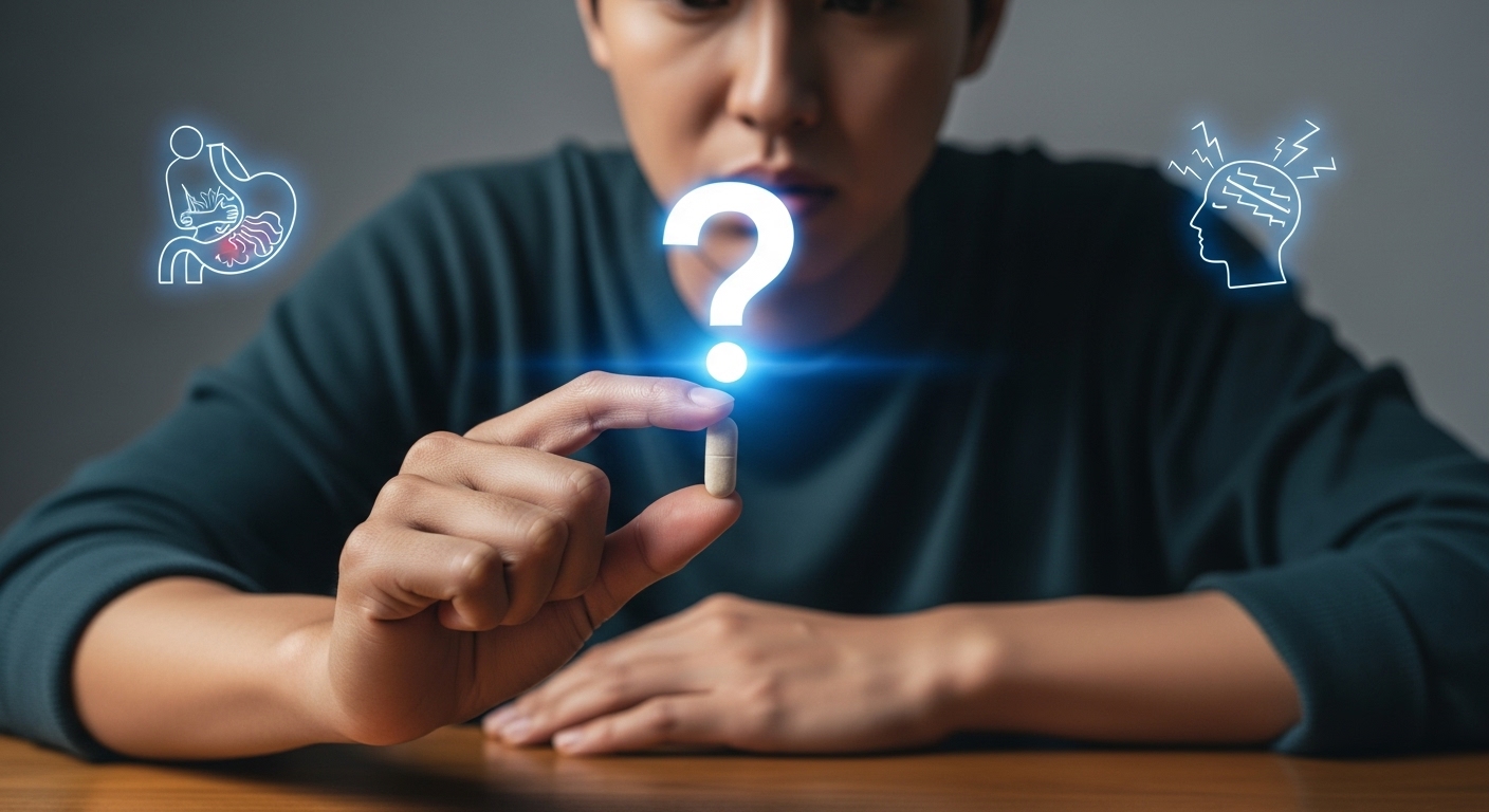 영양제를 앞에 두고 부작용인지 명현반응인지 고민하는 사람의 모습