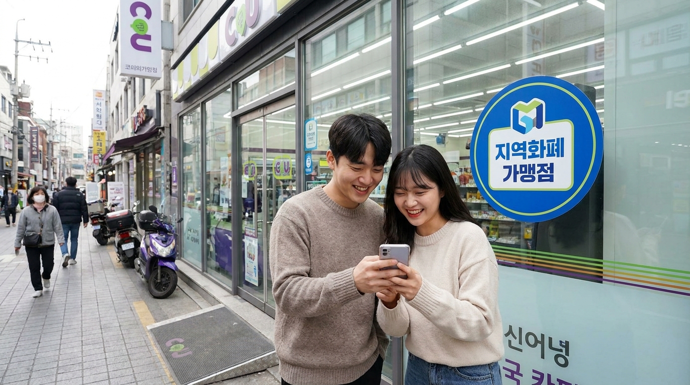 편의점에서 민생지원금 잔액을 확인하고 지역화폐로 결제하려는 한국인 청년들