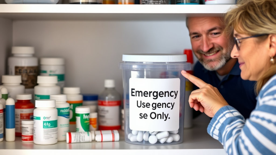 용기에 ‘비상용 전용’이라고 명확하게 표시하고, 가족 구성원 모두가 보관 위치와 내용을 알고 있도록 하세요.