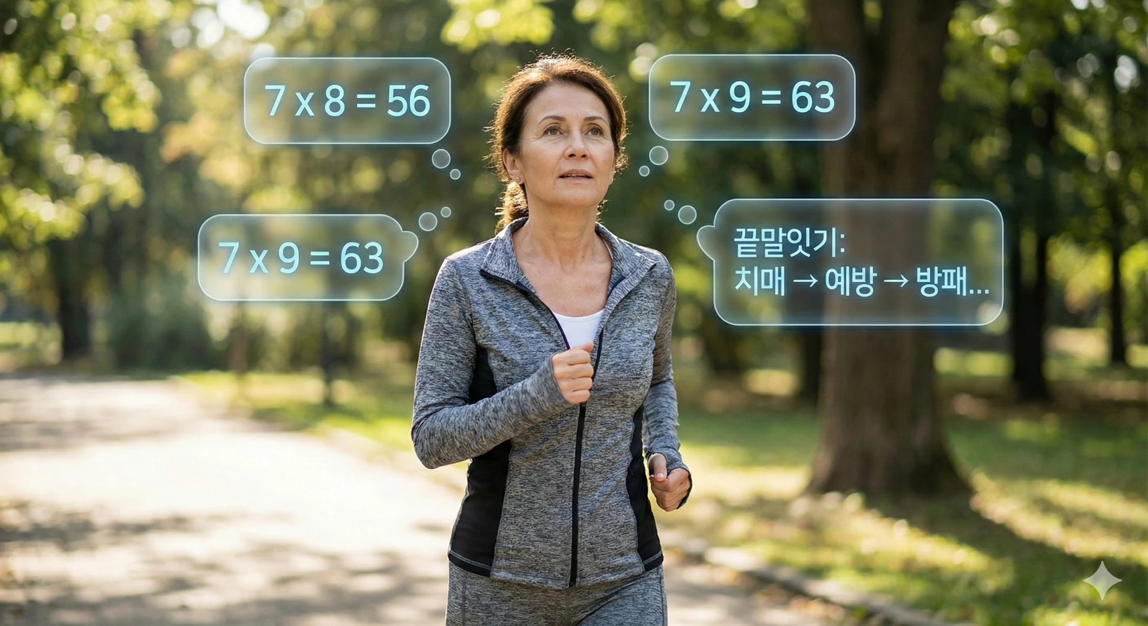 화창한 공원 산책로에서 활기차게 걷고 있는 60대 여성의 실사 사진. 그녀의 머리 주위에는 증강현실처럼 떠오른 말풍선 안에 '7 x 8 = 56', '끝말잇기: 치매 → 예방 → 방패...'와 같은 구구단과 끝말잇기 텍스트가 표시되어 있어, 걷기와 동시에 두뇌 활동을 하는 '듀얼 태스크' 운동의 모습을 보여줌.