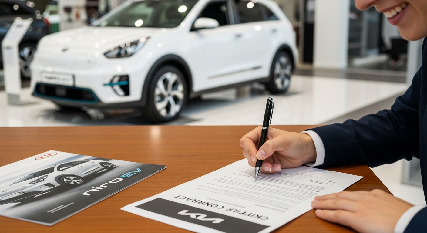 기아 니로 EV를 계약서에 사인하며 기뻐하는 고객