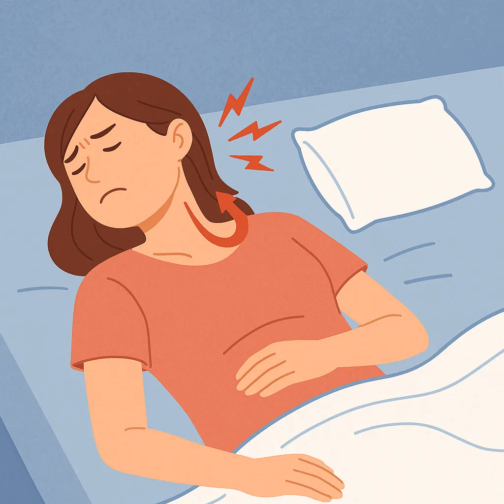 베개-없이-자는-여성이-목-통증으로-불편해하는-모습과-빨간-화살표와-통증-표시가-강조된-일러스트