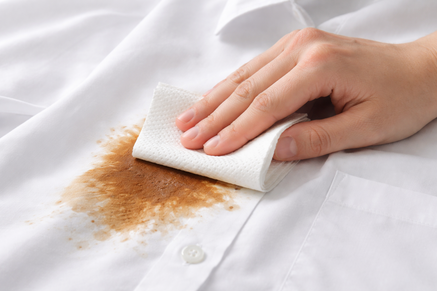 흰 셔츠의 커피 얼룩을 키친타월로 문지르지 않고 눌러 흡수하는 장면입니다.