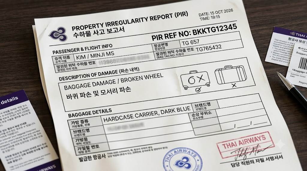 수하물 사고 접수 후 항공사 직원에게 발급받은 영문 PIR 고유 번호와 파손 내역이 인쇄된 서류