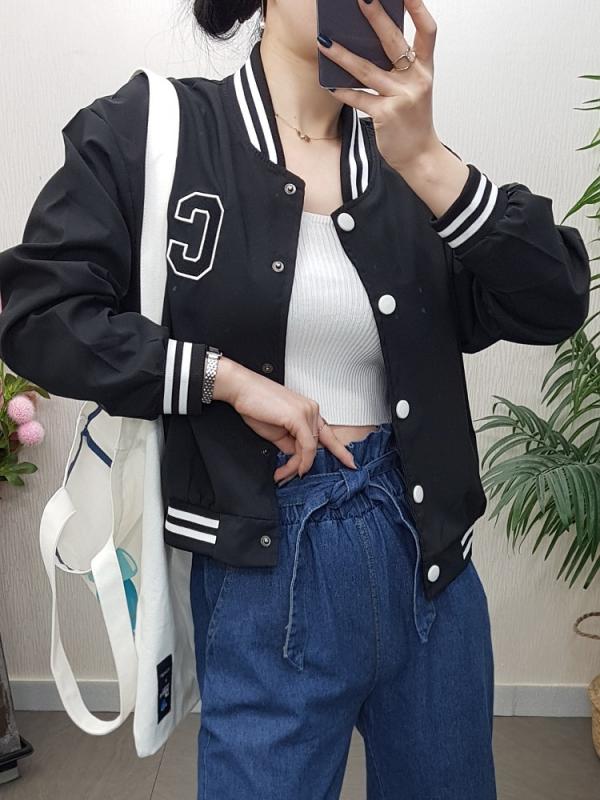 캐주얼 C 패치 블루종 크롭 숏 여성 야구 점퍼