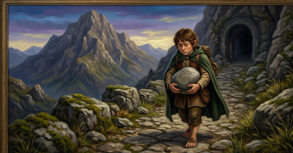 무거운 짐을 들고 험난한 산길을 걷는 호빗의 운명적인 모습