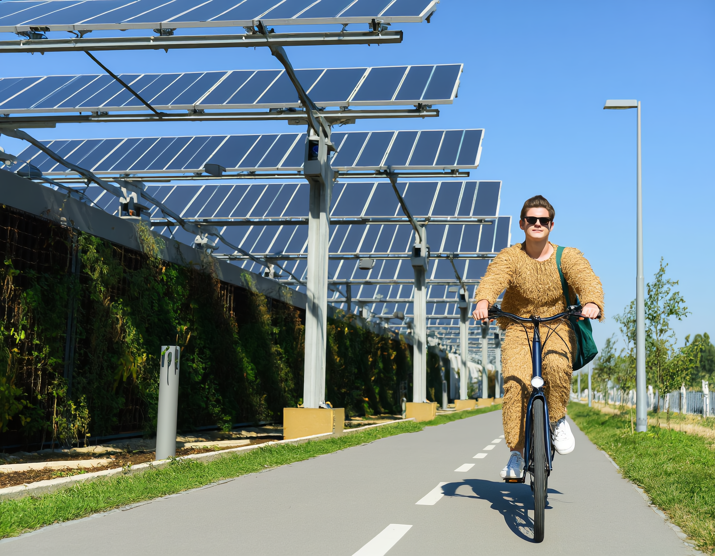 환경 보호를 상징하는 세련된 스타일의 젊은이가 청량감 넘치는 도시 자전거 도로에서 미니멀리스트 디자인의 자전거를 타고 있습니다. 도시 배경에는 태양광 패널 건물과 수직 정원이 조화를 이루며, 밝은 주간 조명 아래에서 재활용 소재로 제작된 유니폼과 지속 가능한 소재 가방이 돋보입니다. 화보 컨셉에 맞게 다이내믹한 포즈와 결의에 찬 표정으로 촬영되었으며, 배경의 친환경 인프라 디테일이 환경 메시지를 강조합니다.