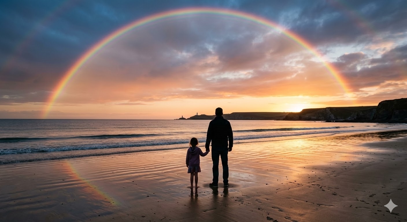 폭풍우가 지나간 뒤 무지개 뜬 수평선을 바라보며 아이의 손을 잡고 서 있는 아빠의 뒷모습