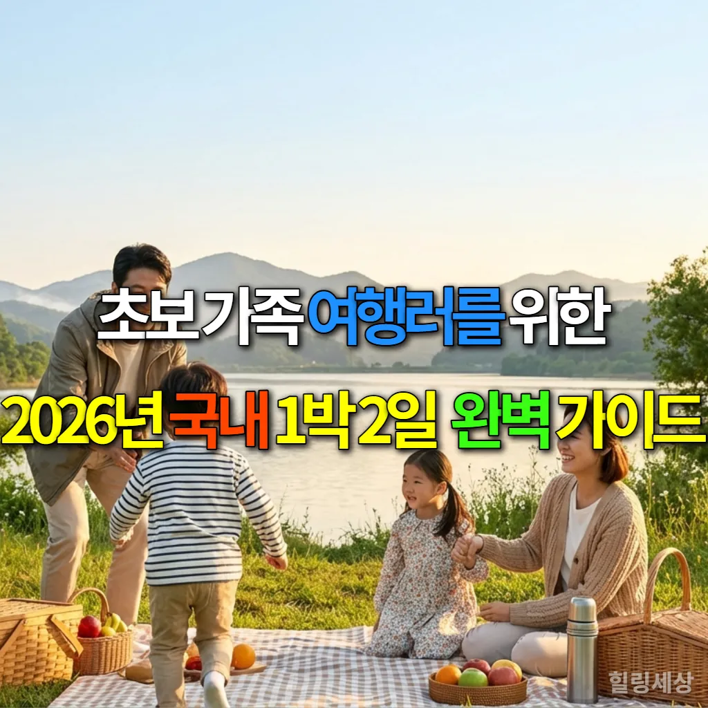 한국 가족이 호숫가에서 피크닉을 즐기며 행복하게 웃는 모습