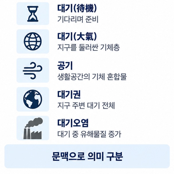 대기 待機는 기다림과 준비, 대기 大氣는 지구를 둘러싼 기체층이며 공기 대기권 대기오염과의 차이를 설명한 이미지