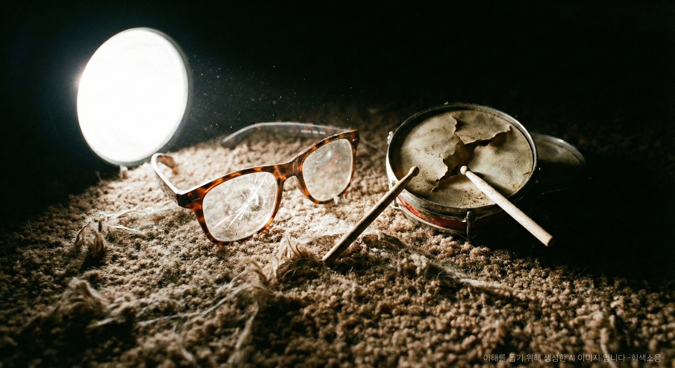 파티의 잔해 : 어두운 바닥 위에서 손전등 같은 원형 빛이 깨진 안경과 찢어진 아이 장난감 북을 비추며 상실과 붕괴를 암시하는 매크로 장면.