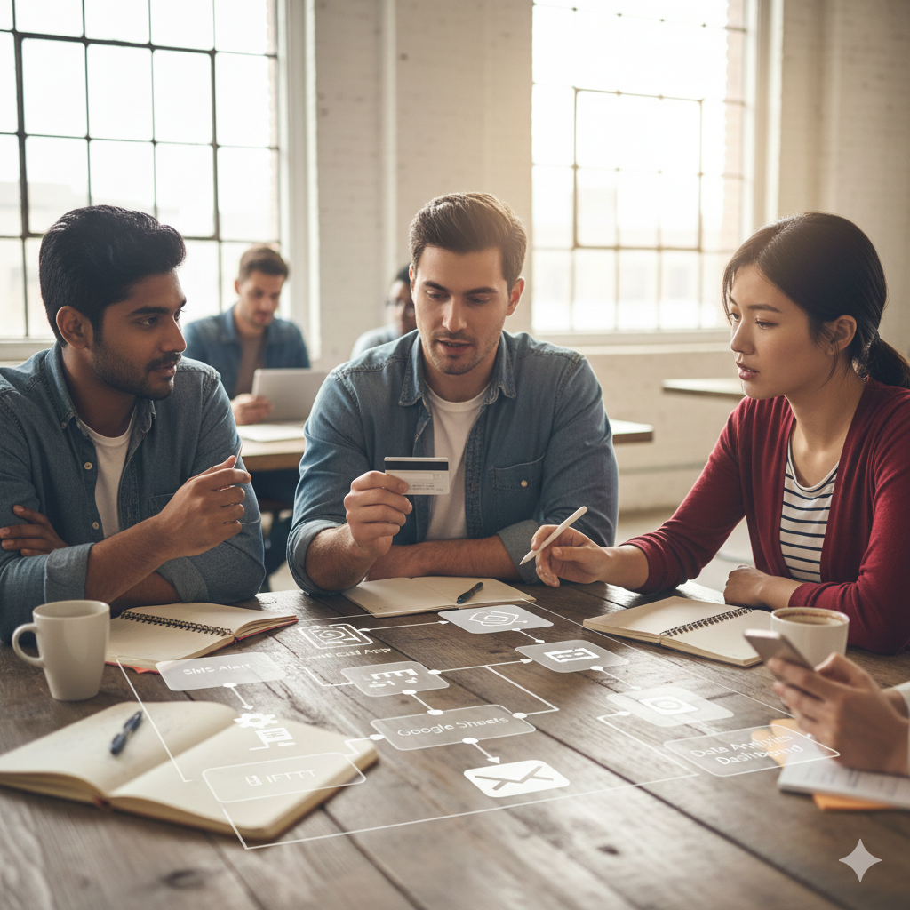 세 명의 젊은 전문가들이 회의 탁자 위로 투사된 투명한 인터페이스를 보며 토론하고 있어요. 인터페이스에는 구글 스프레드시트와 메일 아이콘이 연결된 워크플로우가 표시되어 있고 중앙의 남자가 신용카드를 들고 설명하고 있어요.