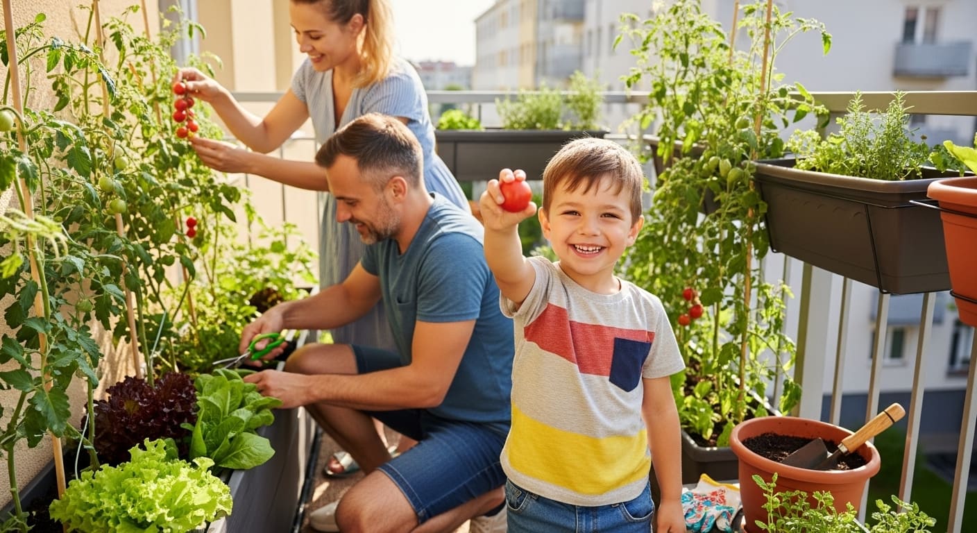 베란다 텃밭에서 아빠, 엄마, 아이가 함께 방울토마토와 쌈채소를 즐겁게 수확하는 모습. 신선한 식재료와 가족의 유대감을 나타냄.