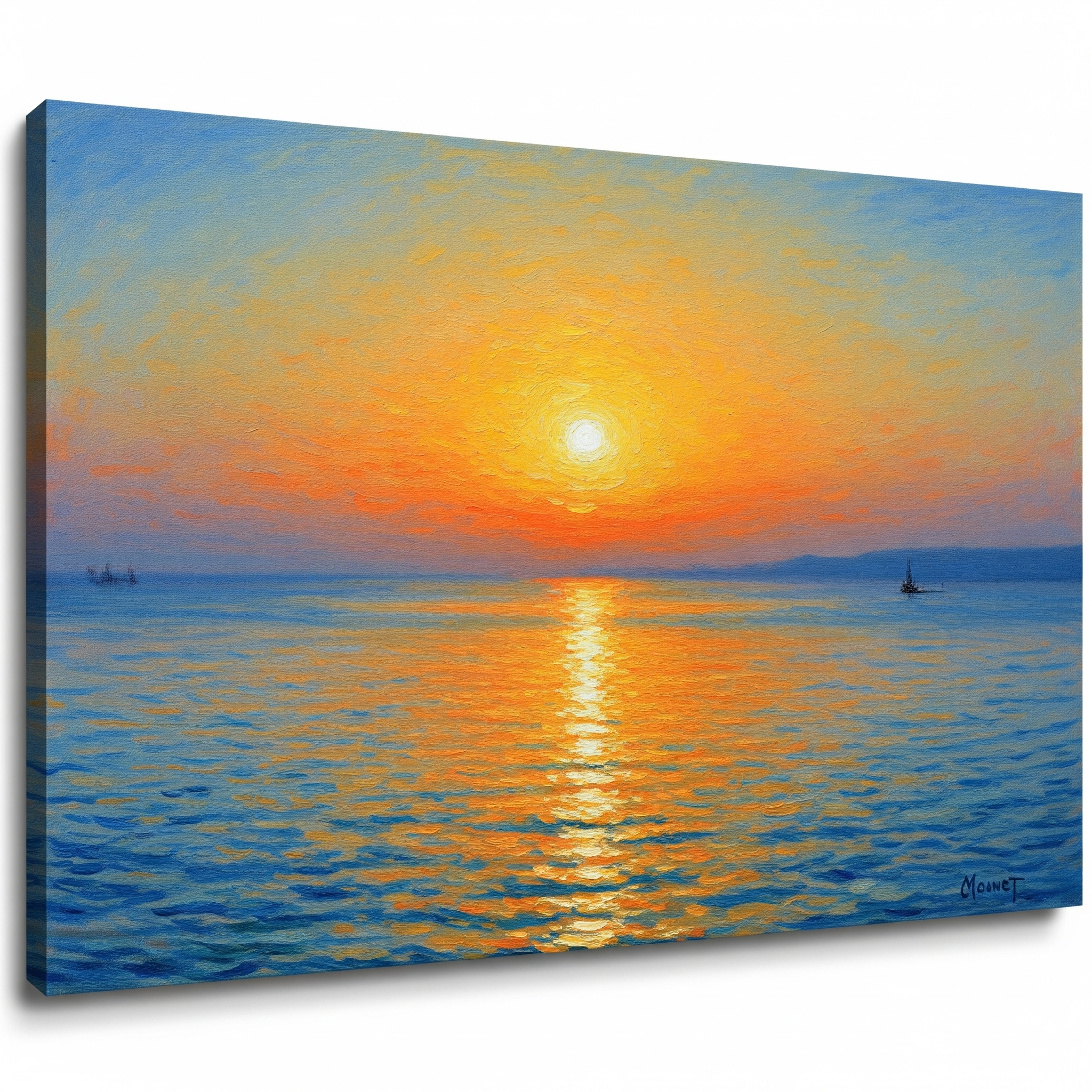 바다 위의 황금빛 일출, 클로드 모네 인상주의 스타일로, 주황과 파란색의 자연스러운 대비, 물 표면의 빛 반사, 부드러운 붓터치, 대기 원근법, 야외 자연광, 플레인 에어