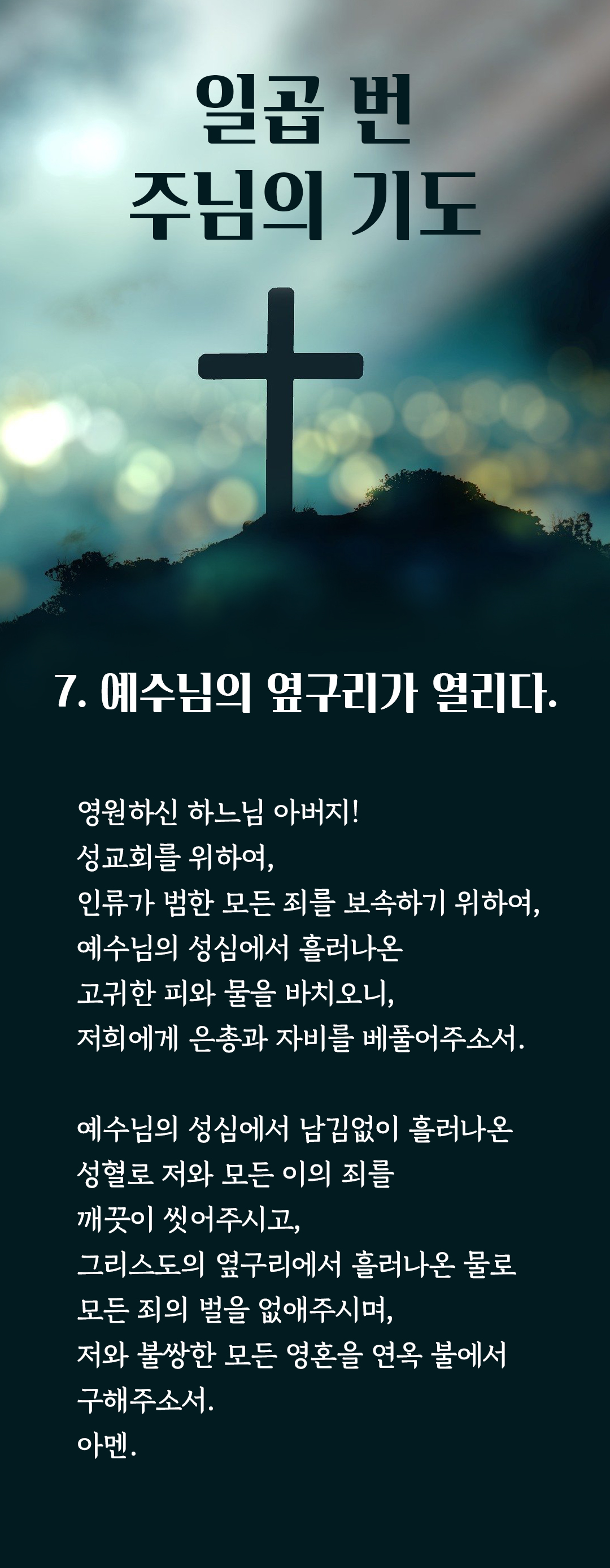 성녀 비르지타(St. Birgittas : 스웨덴 성인 비르짓다)의 일곱 번 주님의 기도 7. 예수님의 옆구리가 열리다. : 영원하신 하느님 아버지! 성교회를 위하여, 인류가 범한 모든 죄를 보속하기 위하여, 예수님의 성심에서 흘러나온 고귀한 피와 물을 바치오니, 저희에게 은총과 자비를 베풀어주소서. 예수님의 성심에서 남김없이 흘러나온 성혈로 저와 모든 이의 죄를 깨끗이 씻어주시고, 그리스도의 옆구리에서 흘러나온 물로 모든 죄의 벌을 없애주시며, 저와 불쌍한 모든 영혼을 연옥 불에서 구해주소서. 아멘