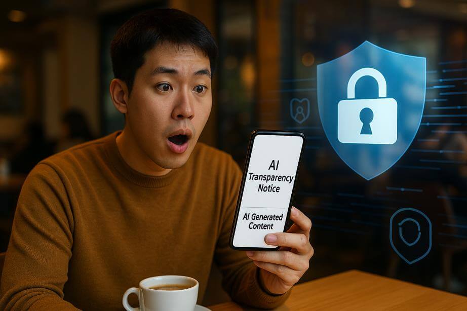 AI 생성 표시를 확인하며 놀라는 소비자 모습