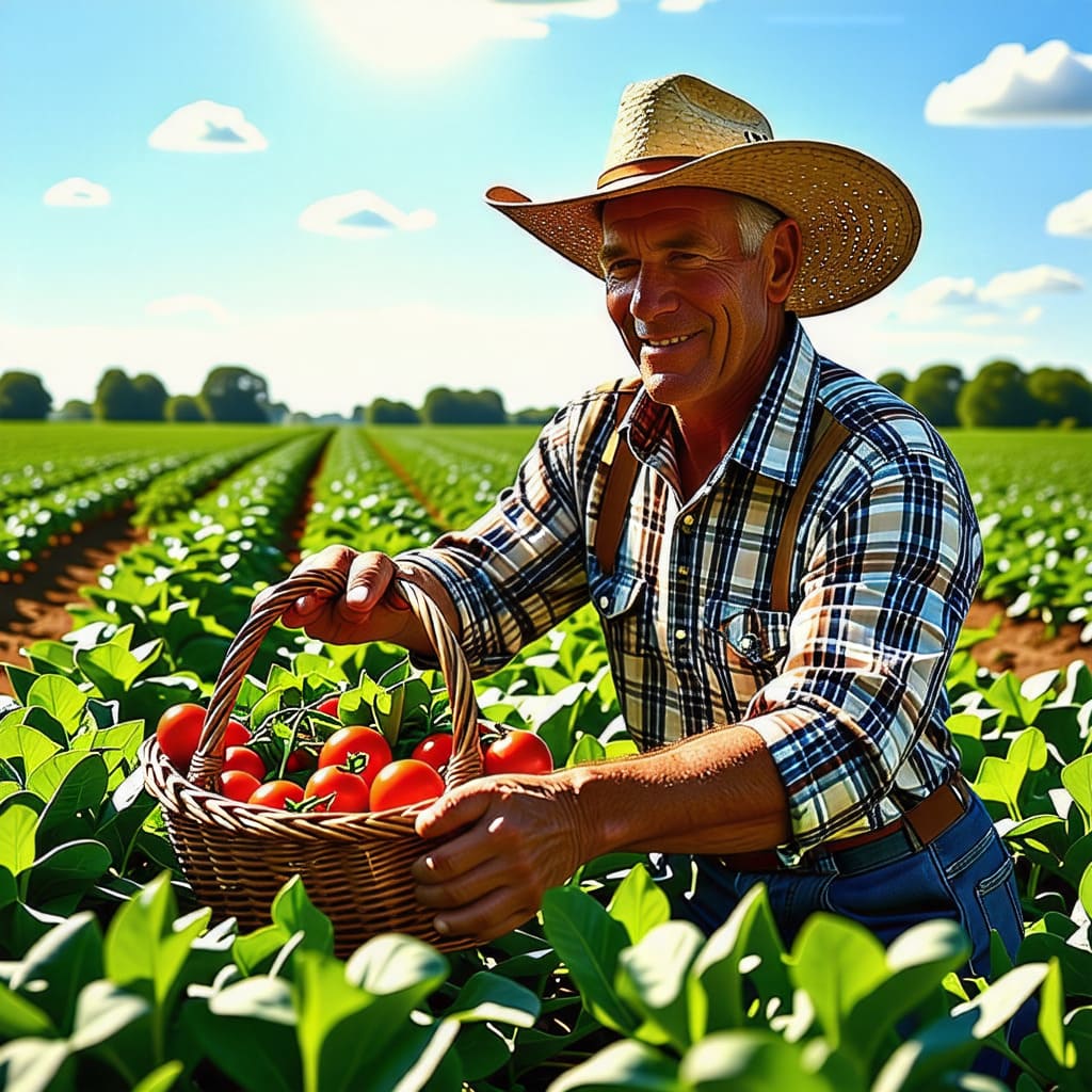 농민이 자신의 농장에서 신선한 농산물을 수확하는 모습.