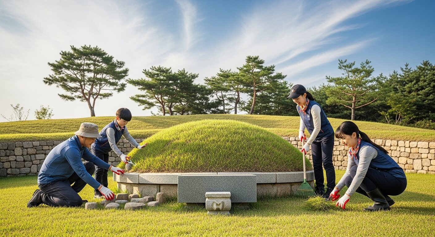 네 명의 작업자가 성묘지 주변 풀을 다듬는 모습