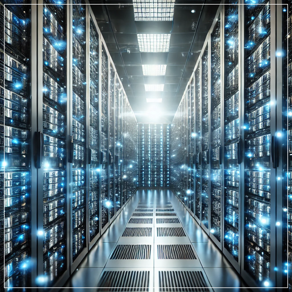 빅데이터 저장을 위한 최첨단 데이터 센터, 블루 LED 조명이 강조된 서버 랙