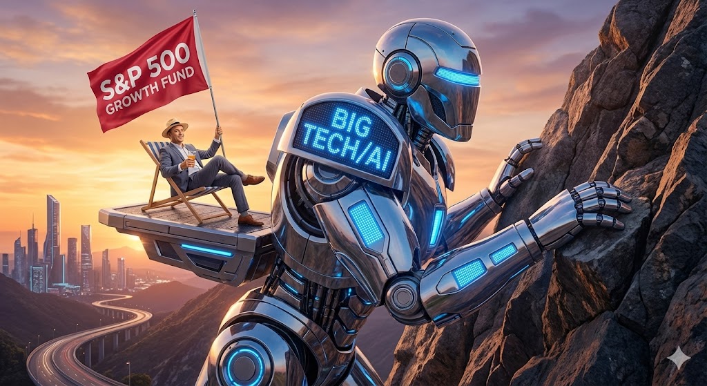 거대한 'AI 로봇(빅테크)' 등에 S&amp;P 500이라는 깃발을 든 투자자가 편안하게 업혀서 산 정상을 향해 올라가는 모습