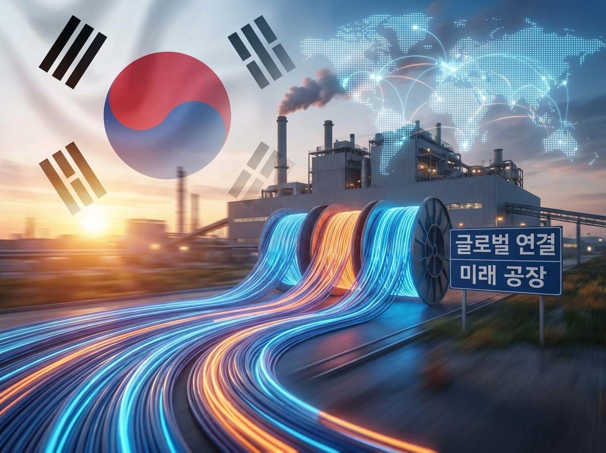 거대한 공장에서 끝없이 쏟아져 나오는 광케이블 릴(Reel)과 태극기