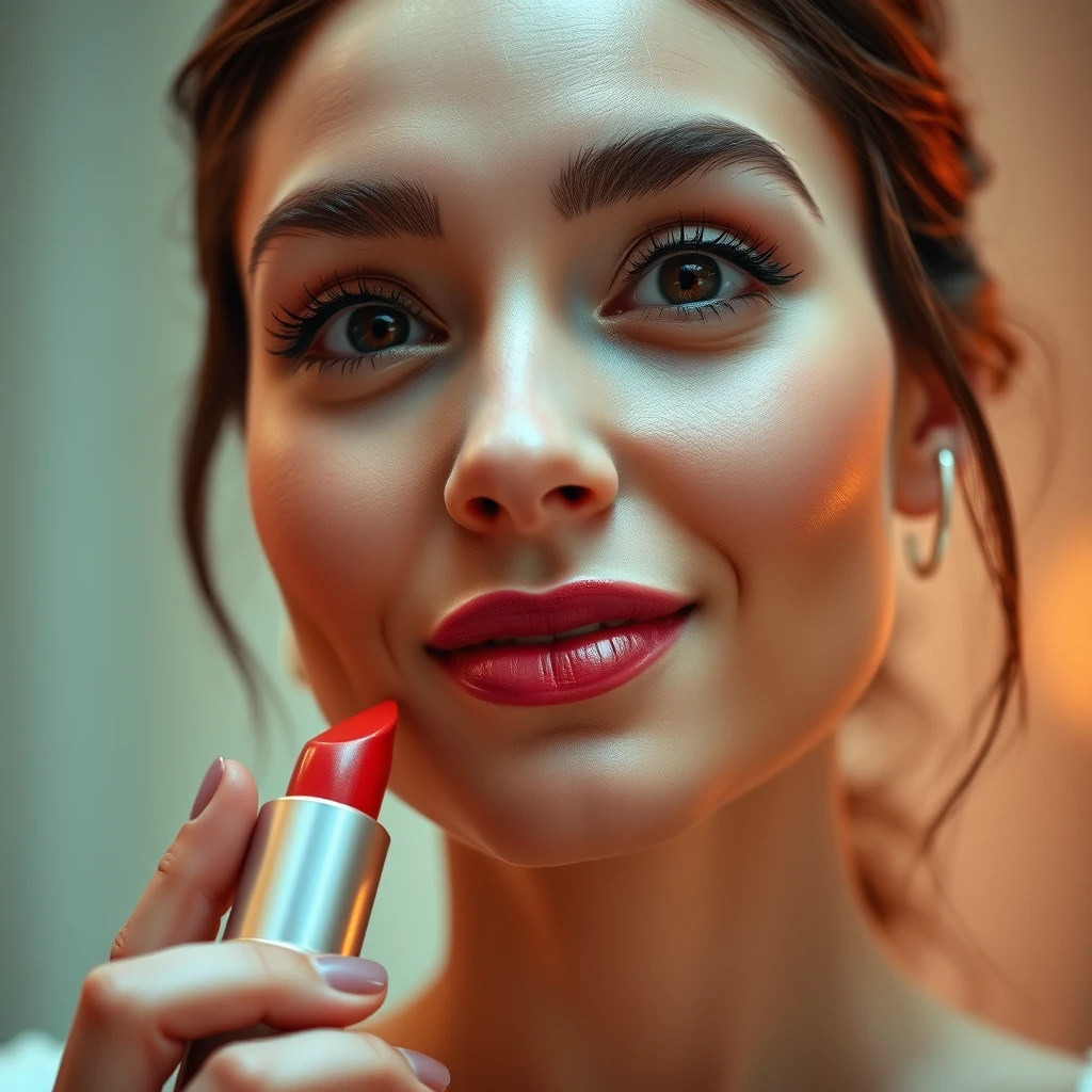 A smiling woman applying lipstick while looking straight ahead