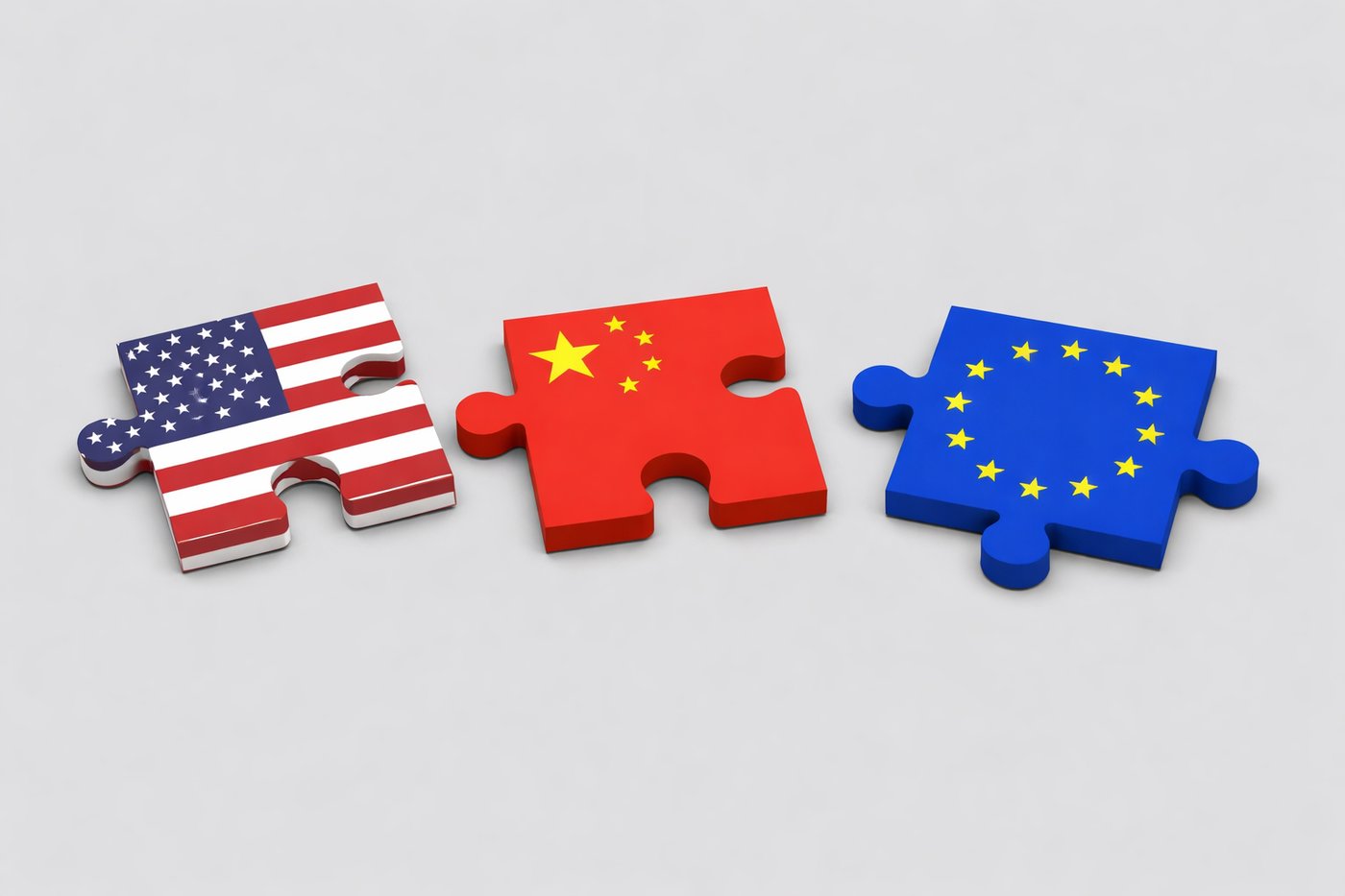 미국, 중국, 유럽을 상징하는 국기 퍼즐 세 조각이 나란히 배치된 모습으로 2026년 글로벌 AI 기술 패권 경쟁과 3극 체제를 상징하는 이미지