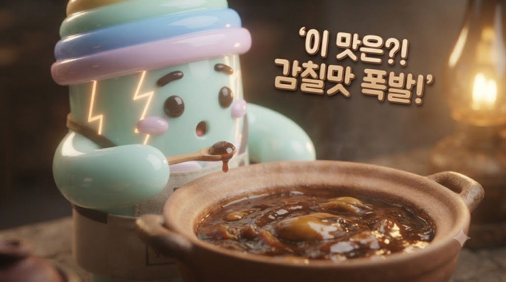쫀쿠가 까맣게 졸아버린 솥 안을 들여다보고 있습니다. 쫀쿠는 조심스럽게 숟가락으로 걸쭉하게 농축된 짙은 갈색의 내용물을 떠 올립니다. 쫀쿠의 눈이 휘둥그레지며 놀라움과 감탄이 교차하는 표정을 짓고, 솥 위로는 '유레카!', '깊은 바다 향'이라는 입체적인 글씨가 떠오릅니다.