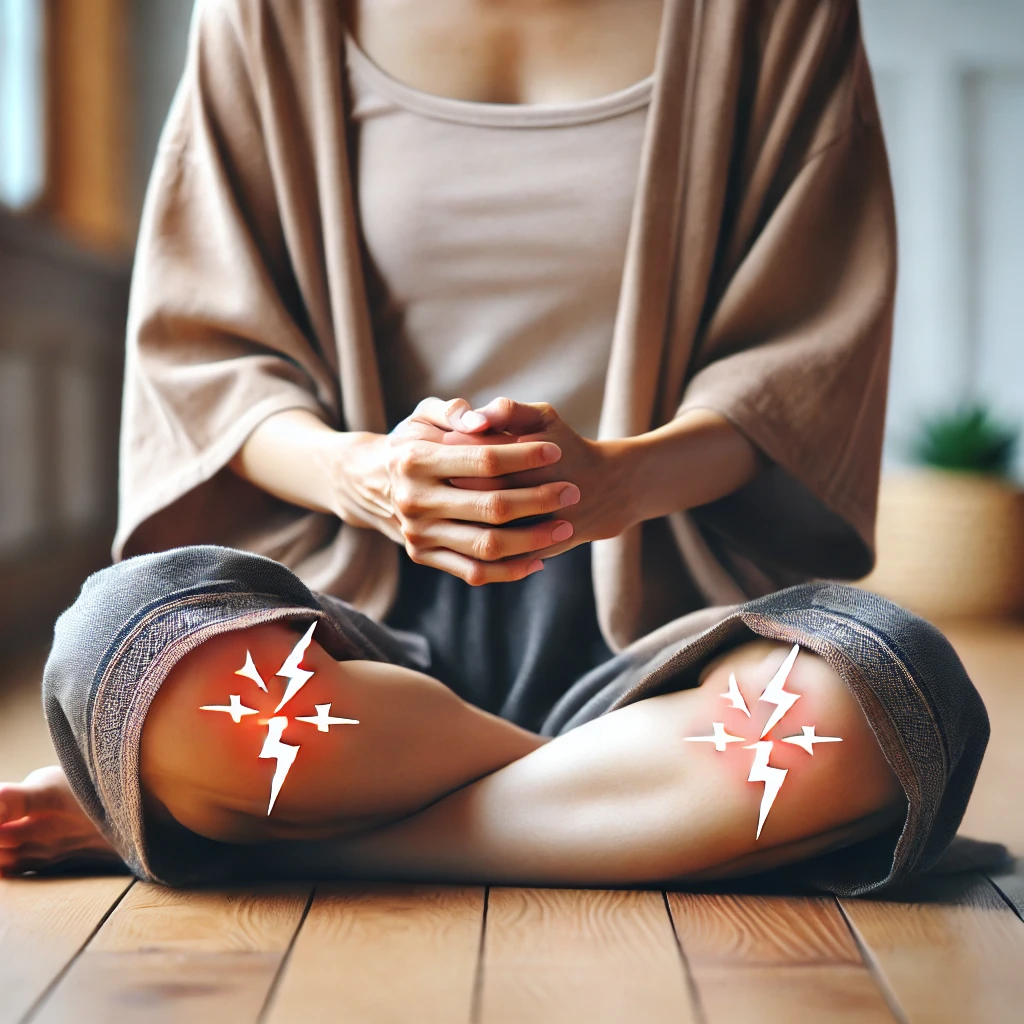 양반다리 자세로 무릎에 통증이 있는 모습