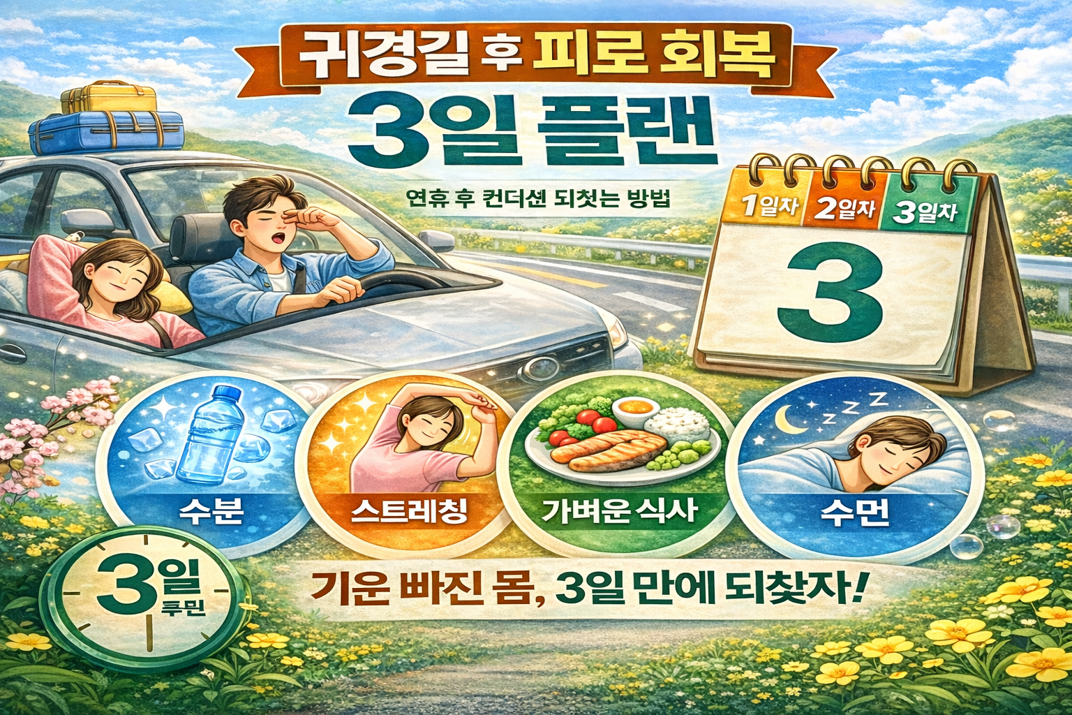 귀경길 장거리 운전 후 피로 회복을 위한 3일 루틴을 설명하는 대표 이미지