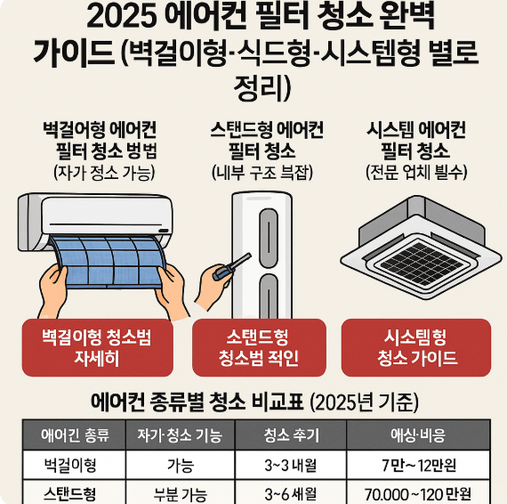 2025 에어컨 필터 청소 꿀팁 (벽걸이형&middot;스탠드형&middot;시스템형 별로 정리)